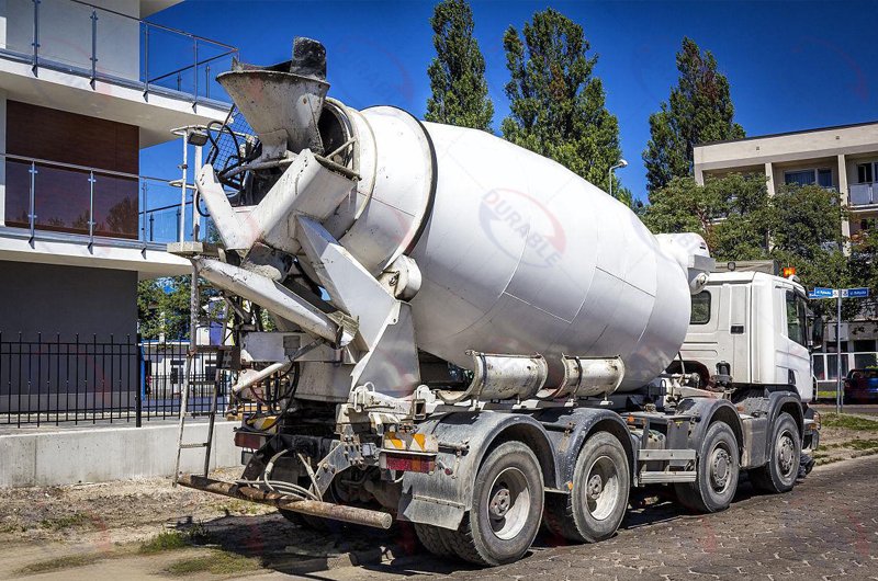 Concrete mixer truck at construction site