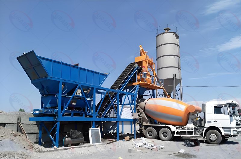 Concrete mixer truck at construction site