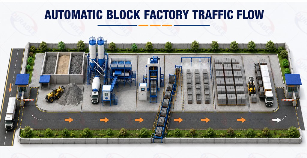 Truck and forklift traffic flow in an automatic concrete block factory