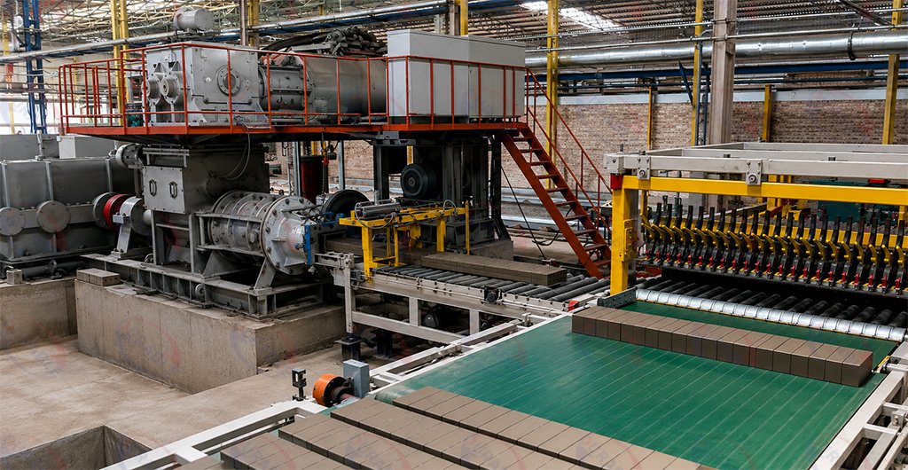 Automatic clay brick production line with forming machine, conveyor system, and brick stacking equipment in a real factory.