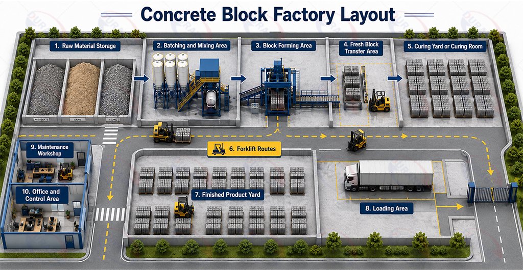 Efficient layout of a modern concrete block factory