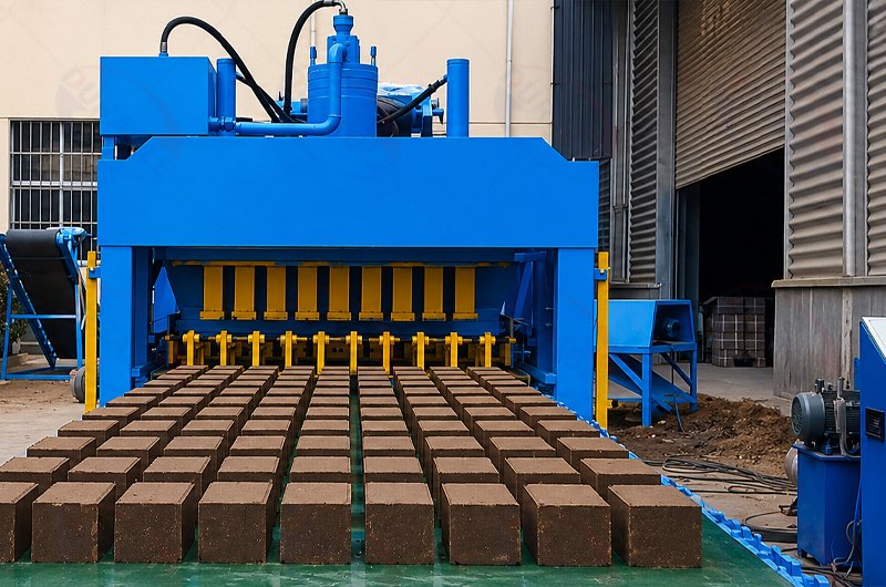 Hydraulic brick making machine with finished bricks