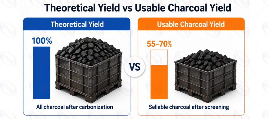 Theoretical yield and usable charcoal yield comparison