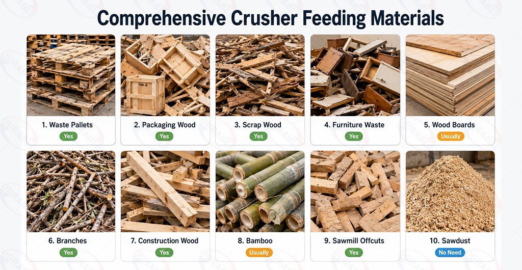 Waste pallets branches and scrap wood before crushing