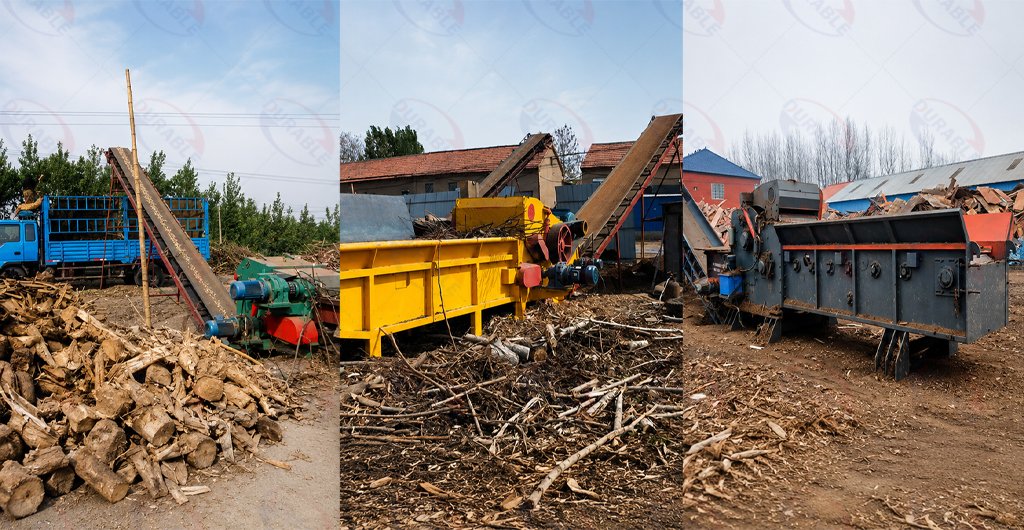 Wood waste recycling crusher for pallets and scrap wood