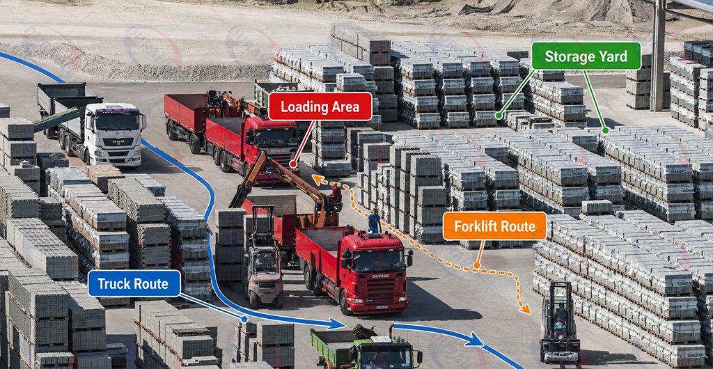 Separate forklift truck and worker routes in a concrete block factory