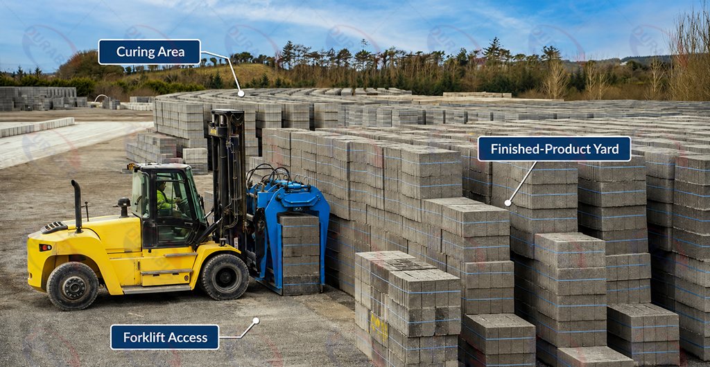 Concrete block factory curing area arranged for efficient product handling