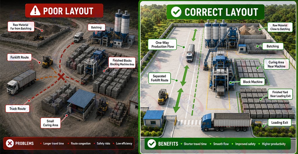 Comparison between efficient and poor concrete block factory layouts