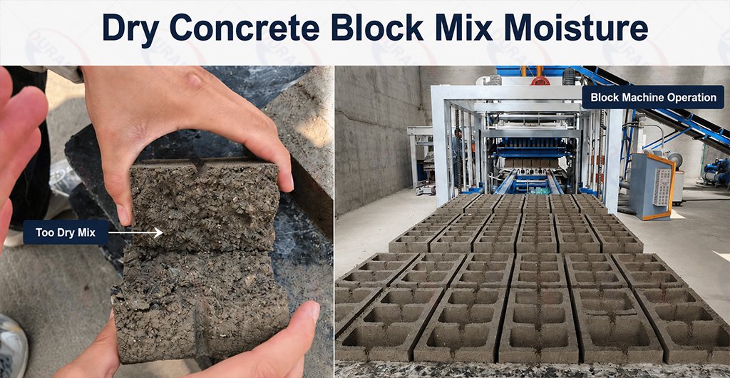 Correct and incorrect moisture levels in a dry concrete block mix