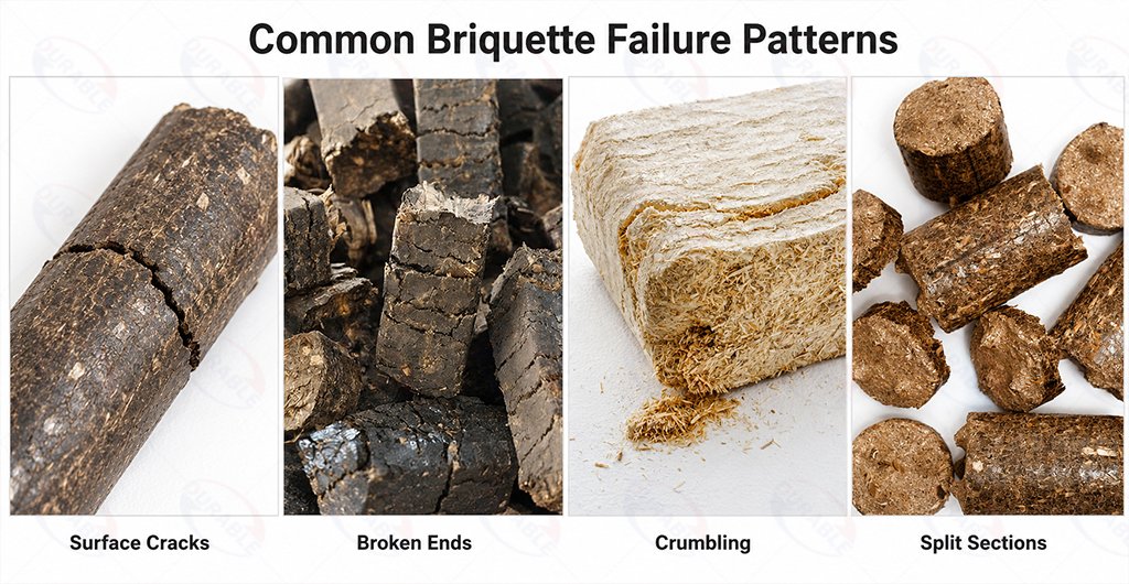 Common biomass briquette cracking and breakage patterns