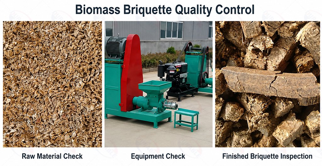 Biomass briquette production quality control and inspection