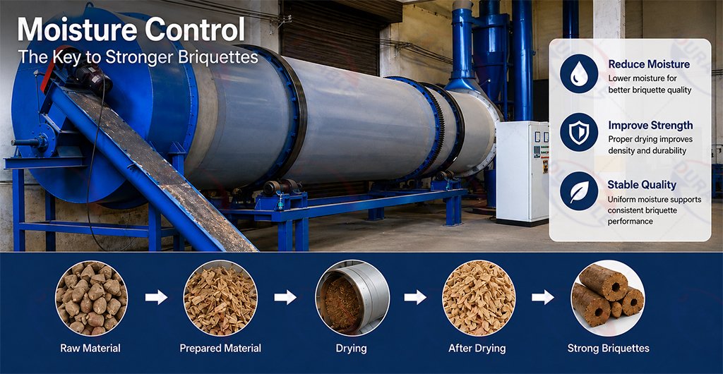 Biomass moisture control before briquette production