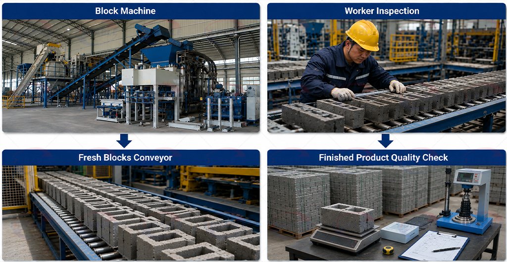 Quality control during concrete block machine production