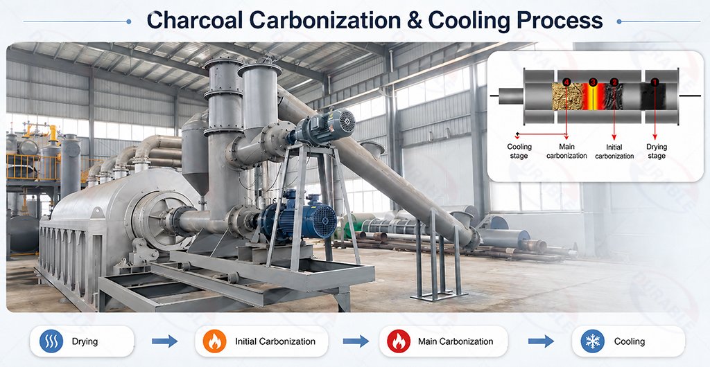 Carbonization and cooling control in charcoal production process