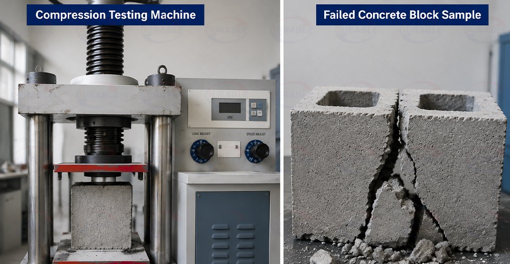 Concrete block compressive strength testing in laboratory