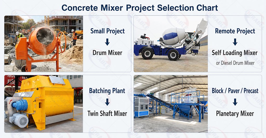 Concrete mixer selection chart for different construction and production projects