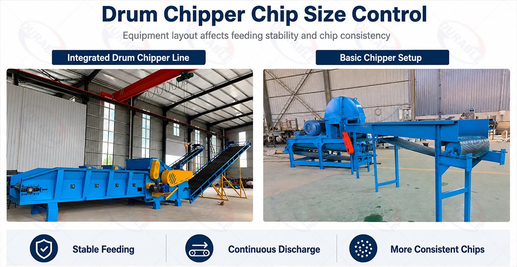Wood chipper producing controlled chip sizes for biomass processing