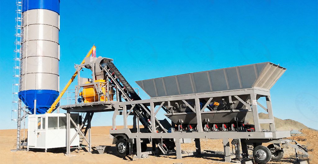 Mobile concrete batching plant operating at a construction project