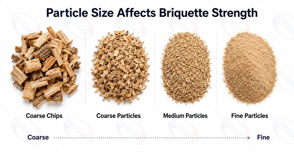 Biomass particle size affecting briquette strength and formation