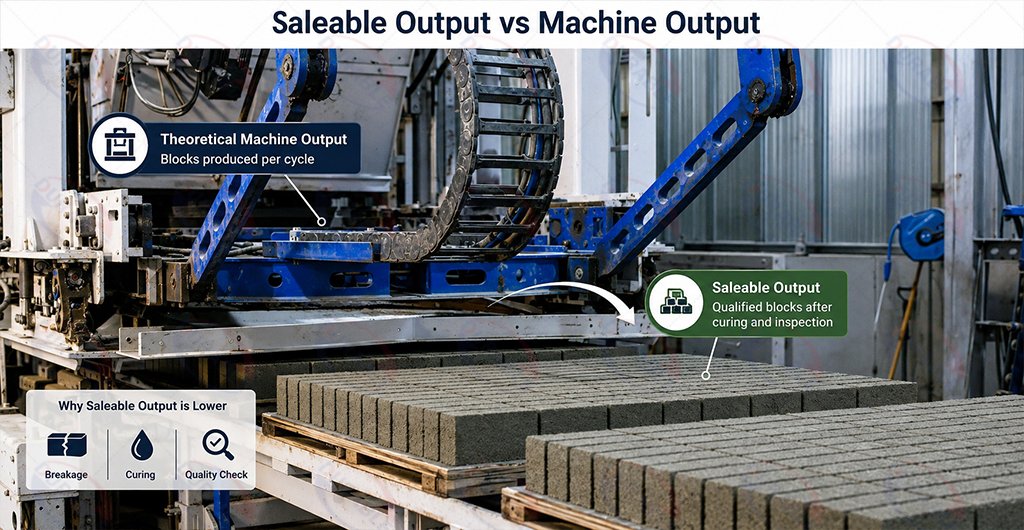 Saleable block output compared with theoretical block machine output