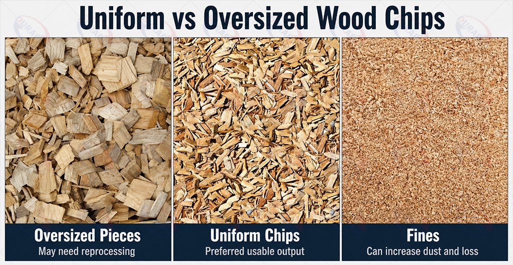 Uniform wood chips compared with oversized chips and fines